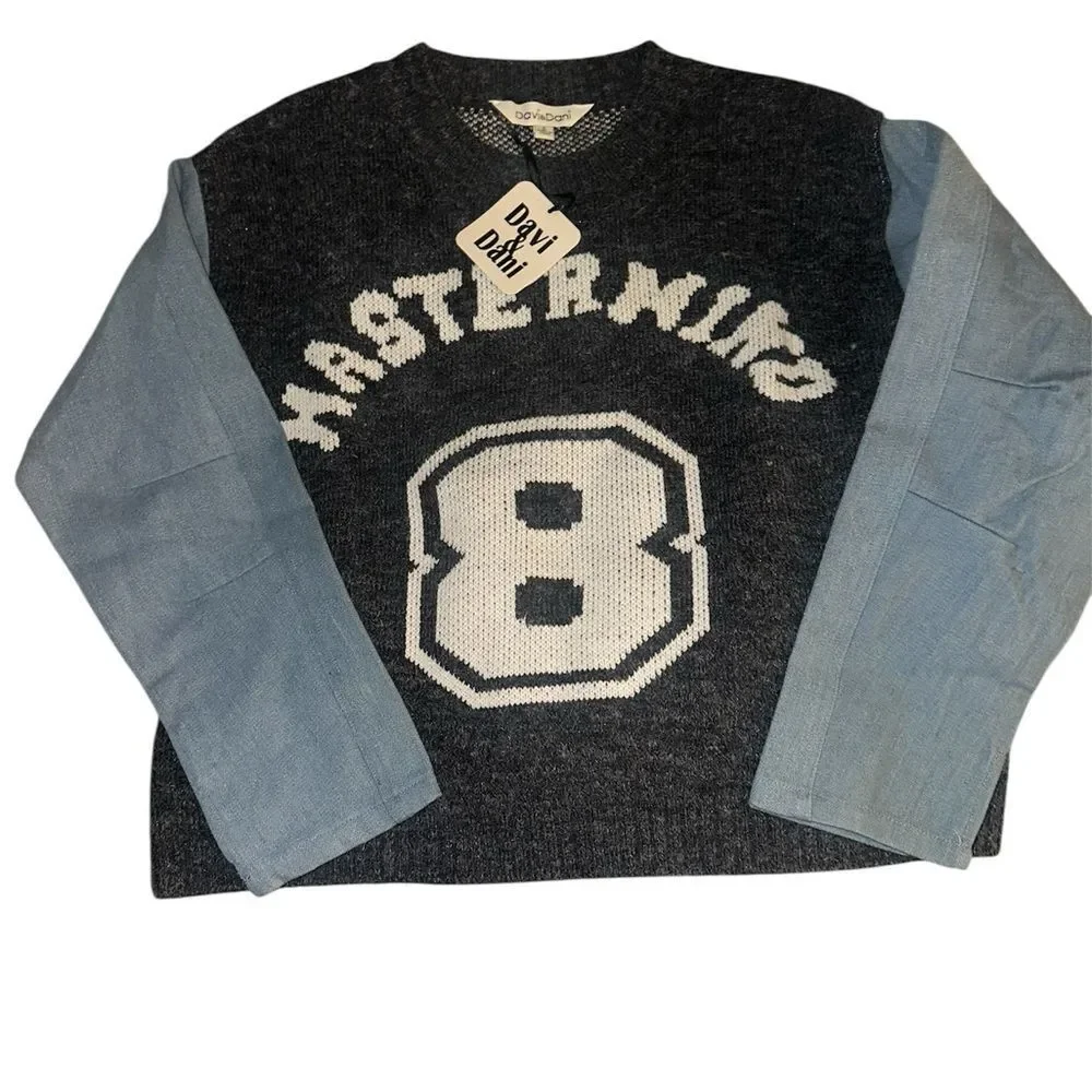 Davi and Dani Gray and Blue “Mastermind” sweater with denim sleeves